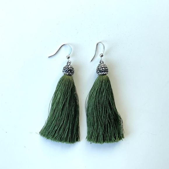 Green Tassel Drop Earrings With Gunmetal Bead - Picture 7 of 8